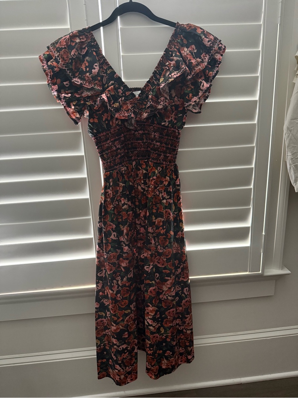 Something Navy Black Midi Dress with Dark Pink Floral Print